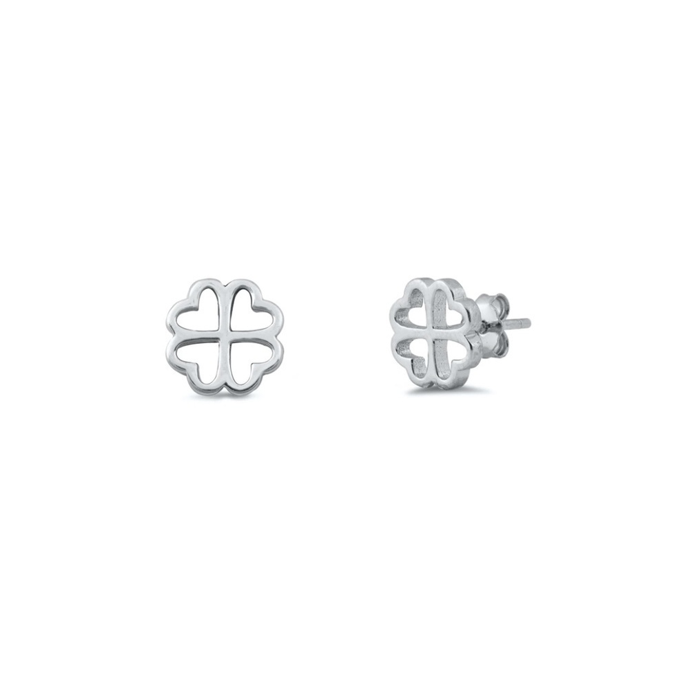 Sterling Silver Four Leaf Clover Stud Earrings – Rhodium Plated, 8 mm